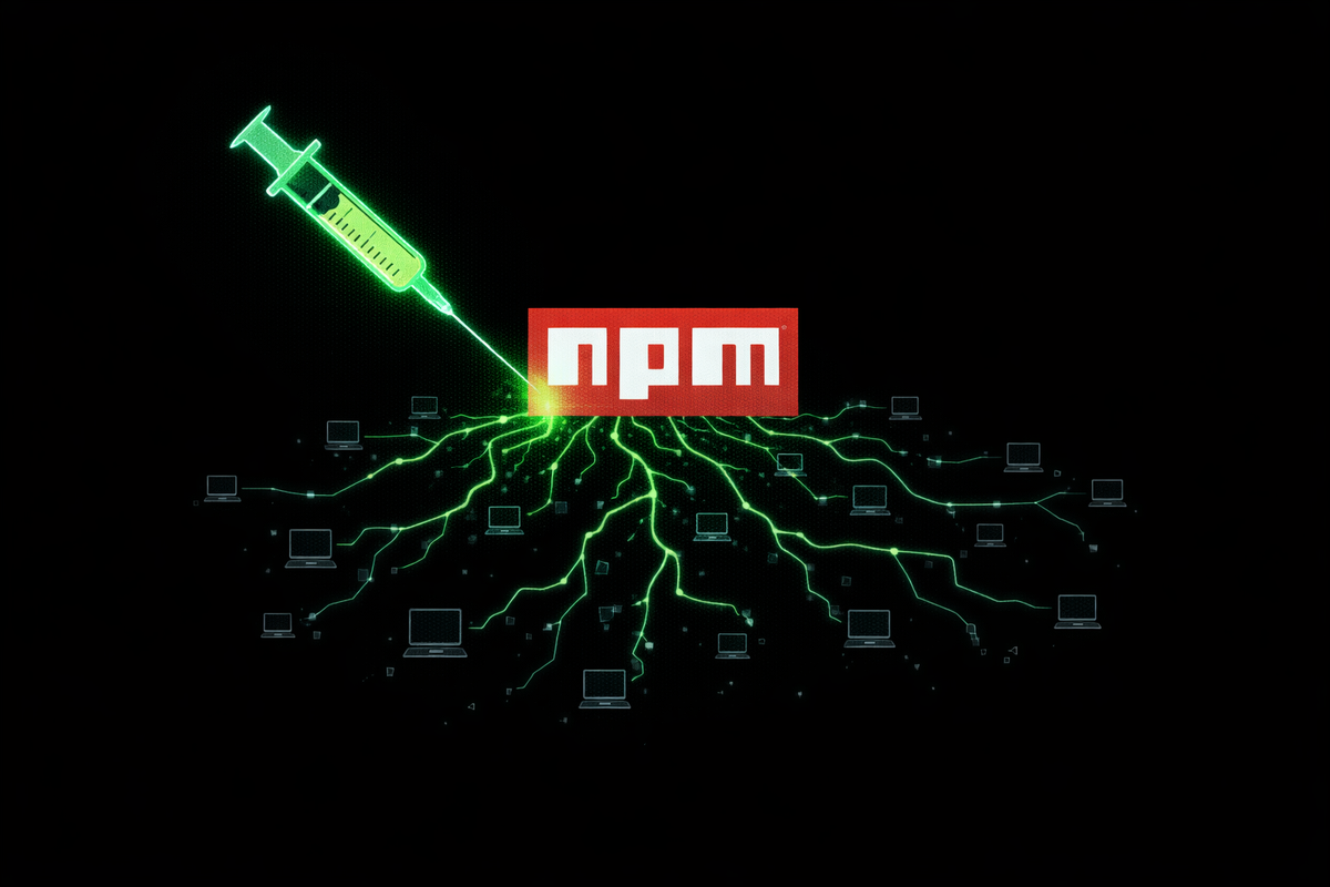 A syringe injecting green code into a red NPM logo, with the poison spreading through a global network, symbolizing the Axios supply chain compromise.