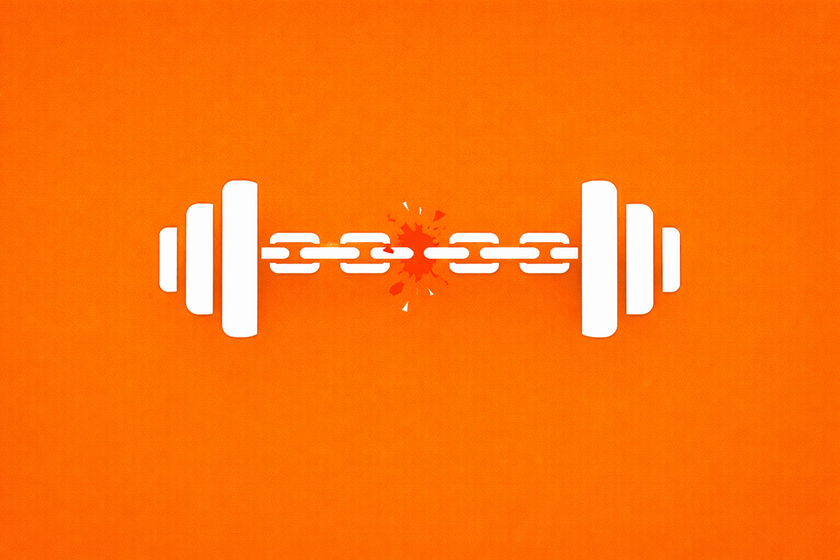 Minimalist vector art of a white dumbbell icon with a broken red chain link on an orange background, representing the Basic-Fit data breach.