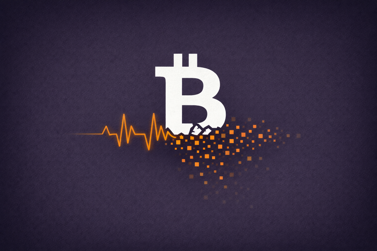 Flat vector illustration on a deep slate background. A white Bitcoin icon is fractured at the bottom, with a vibrant orange electronic pulse and digital pixels leaking out.