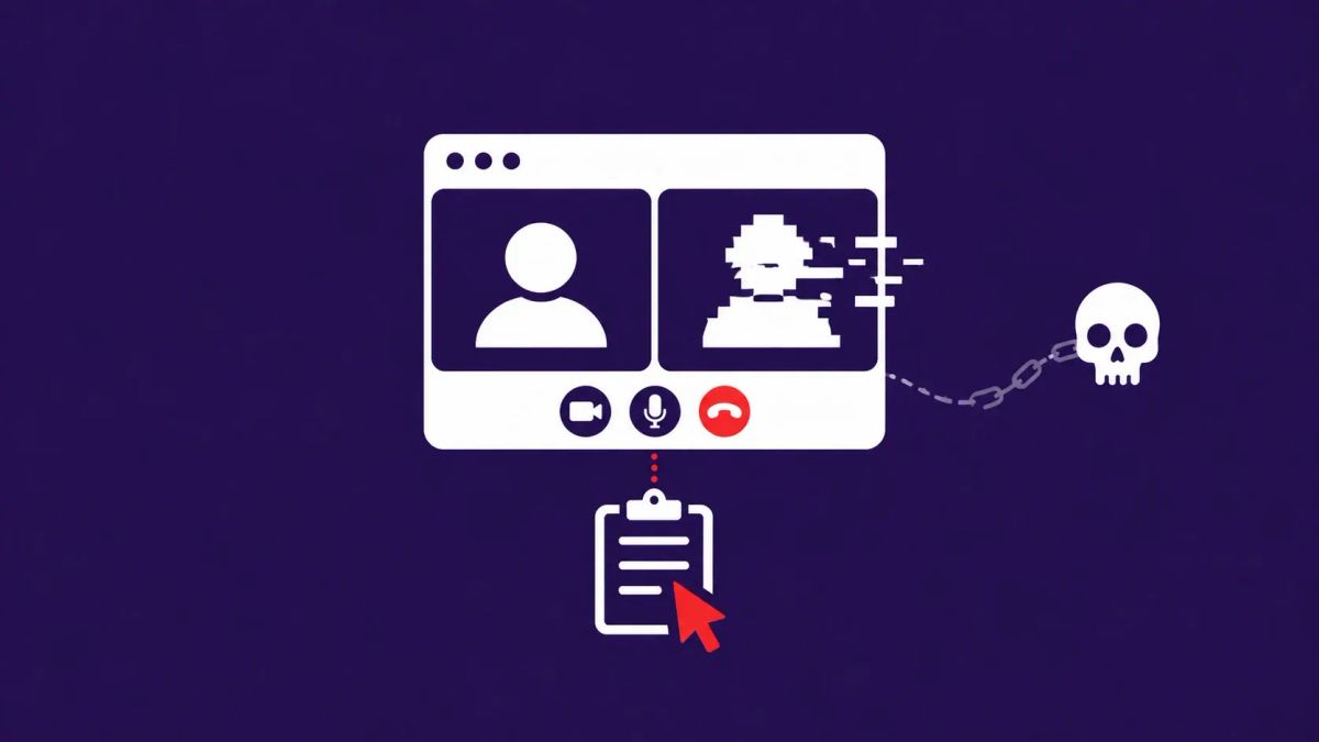 Fake video call window with one glitching AI-generated participant tile and a clipboard payload icon, representing BlueNoroff's deepfake Zoom lure targeting Web3 cryptocurrency firms.