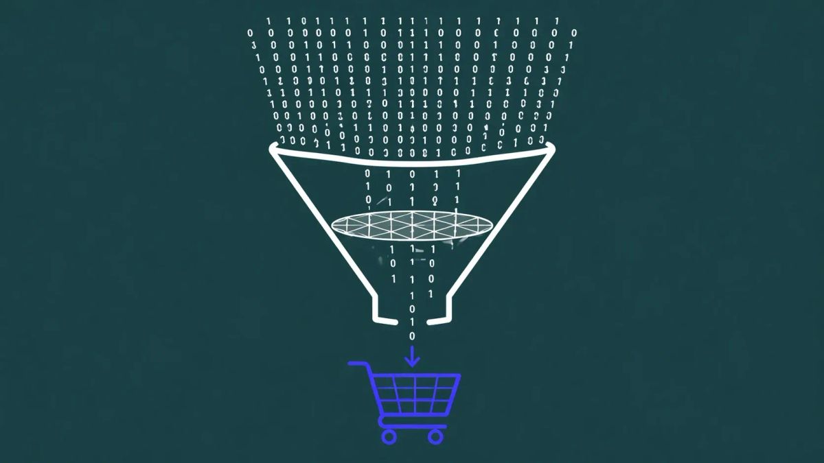 A minimalist white line art shopping cart icon on a deep Prussian blue background with electric indigo accents.
