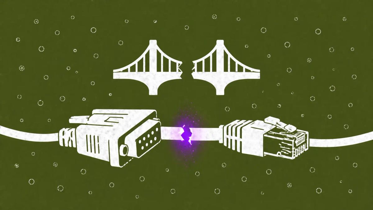 Minimalist vector art of a fractured serial-to-ethernet bridge on an olive drab background, symbolizing OT infrastructure risk.