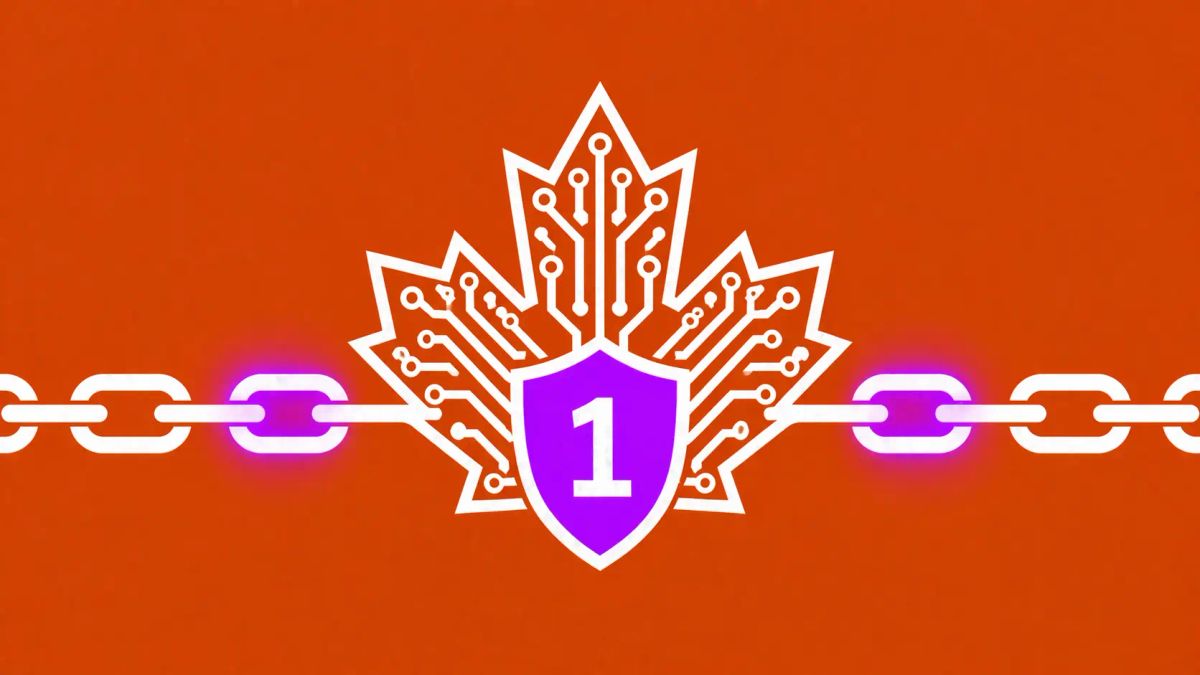 Minimalist vector art of a Canadian maple leaf protected by a purple Level 1 shield on a burnt orange background.