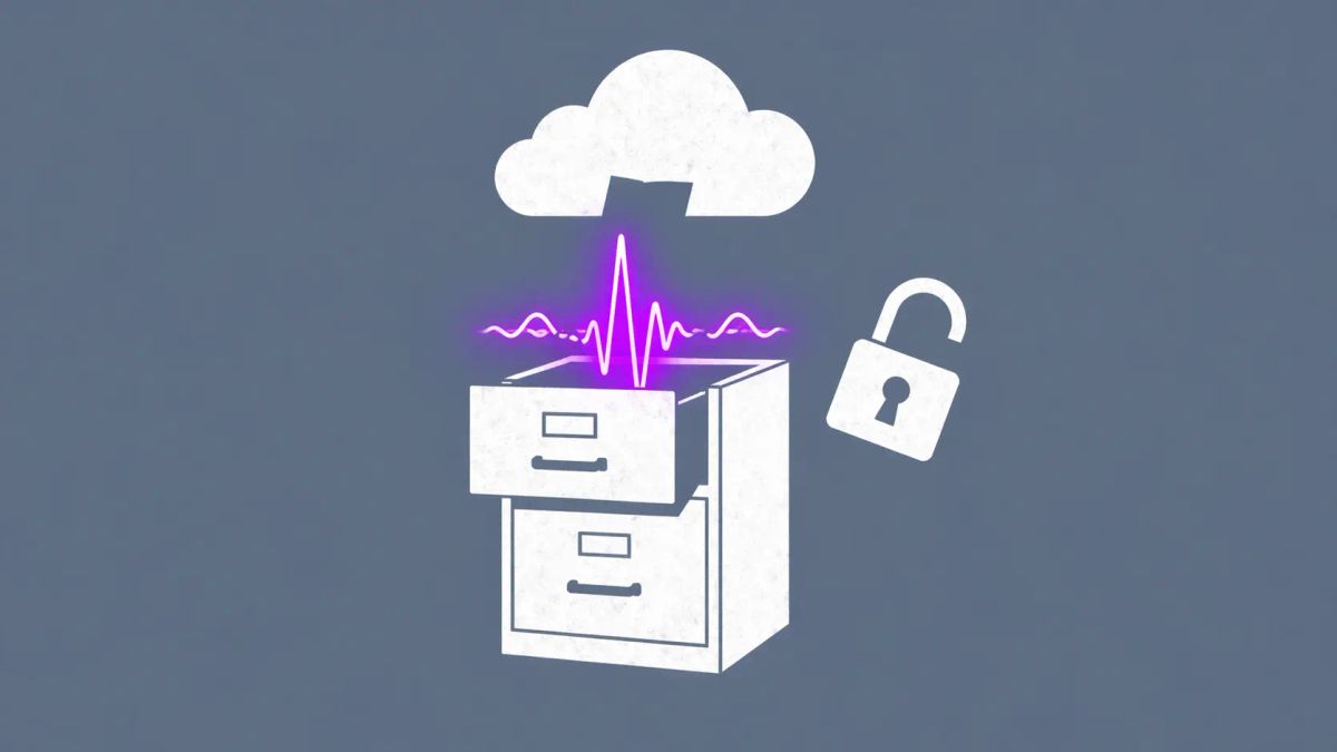 Minimalist vector art of a filing cabinet leaking purple data signals, representing unencrypted legacy FTP exposure.