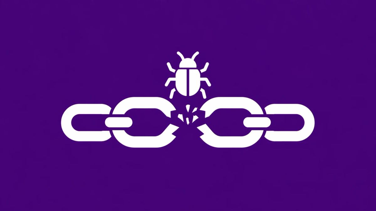 Minimalist white line art of a broken link in a chain with a white "bug" icon emerging from the gap, overlaid on a solid deep purple background.