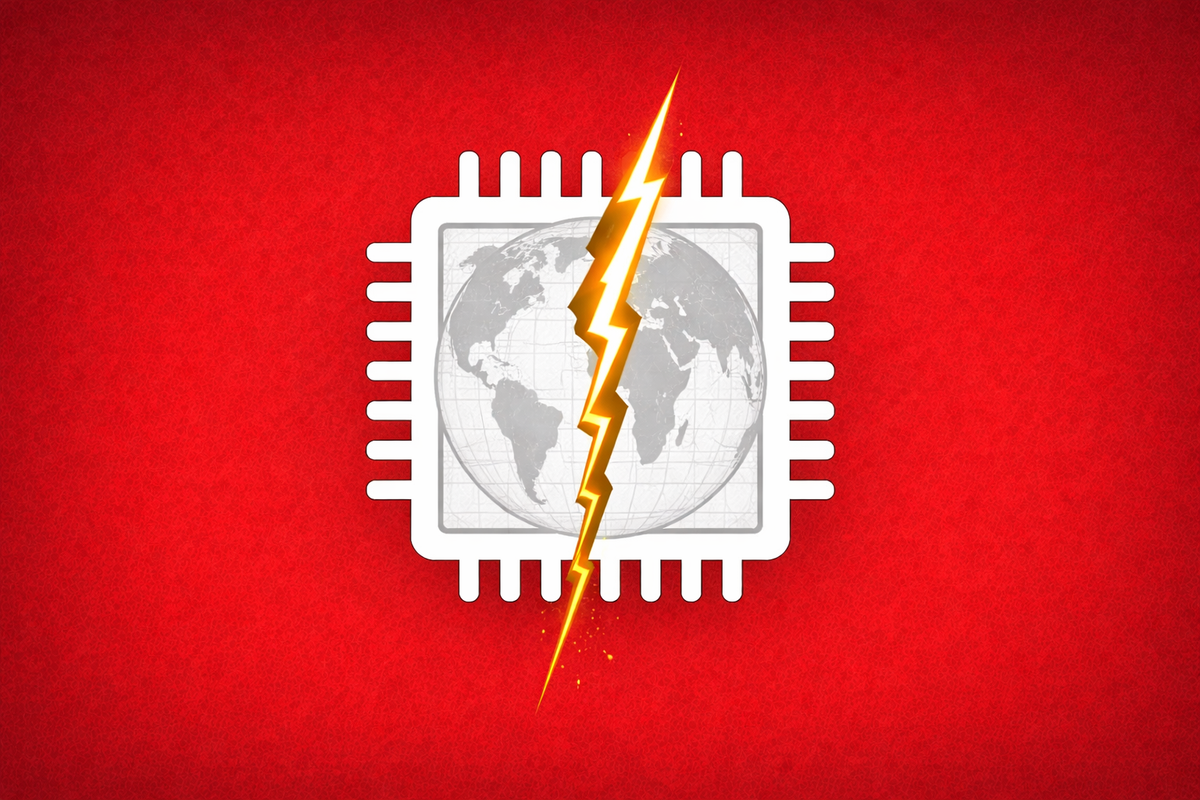 Flat vector illustration on a deep red background. A white silicon chip icon with a grey globe overlay is split down the middle by a sharp electric yellow crack.