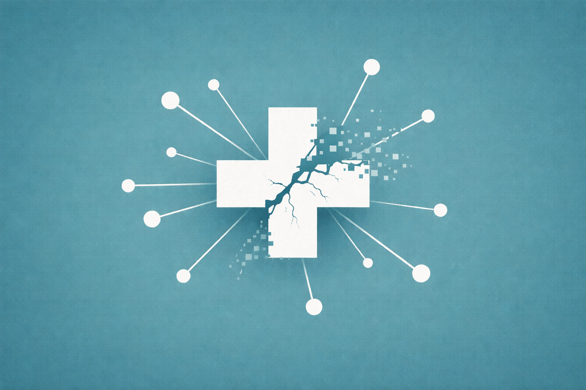 Editorial illustration of a central medical cross with breaking connection lines to surrounding nodes, symbolizing the ChipSoft ransomware attack and healthcare supply chain disruption.