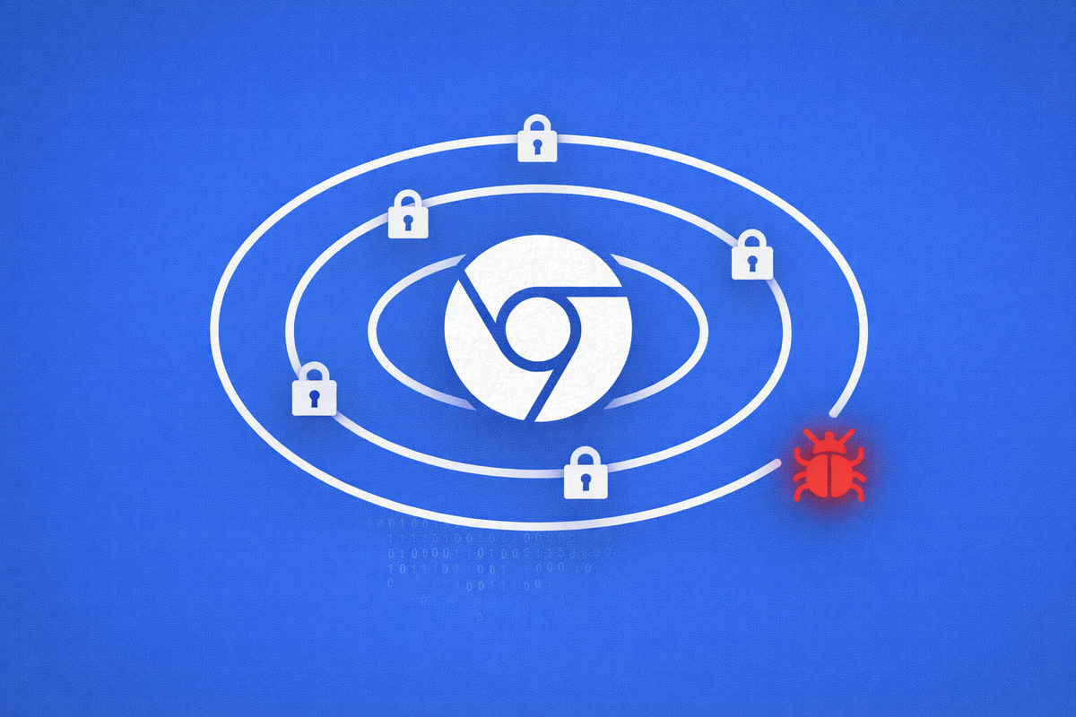 Minimalist vector art on a Google Blue background. Padlocks orbit a Chrome logo, blocking a red malware bug from entering.