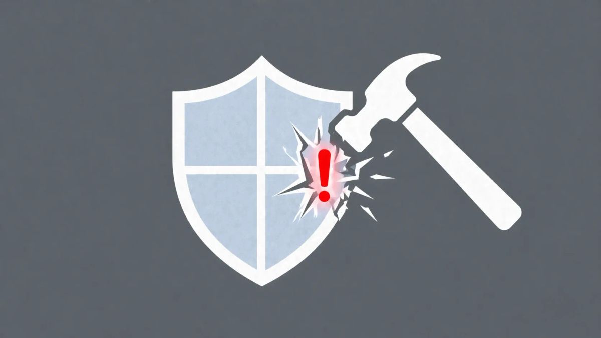 Minimalist white line art diagram of a hammer striking a blue shield icon, with a red exclamation point appearing in the impact zone, on a solid steel grey background.
