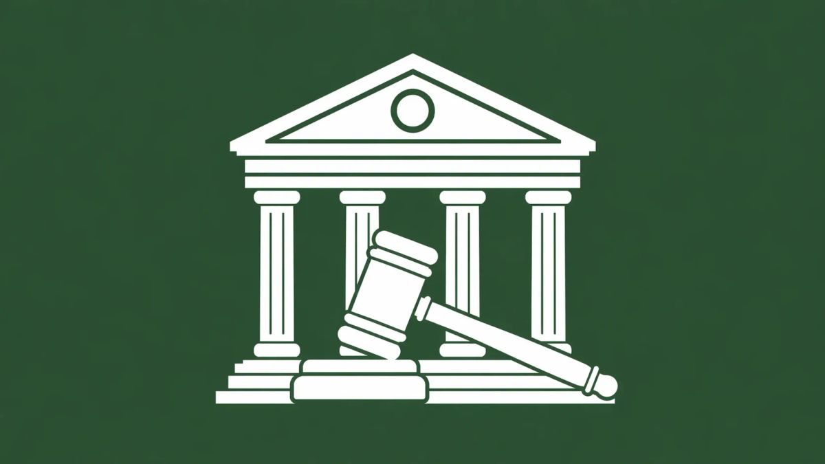 Minimalist white line art of a marble bank building with a large white gavel leaning against the front pillars, on a solid hunter green background.