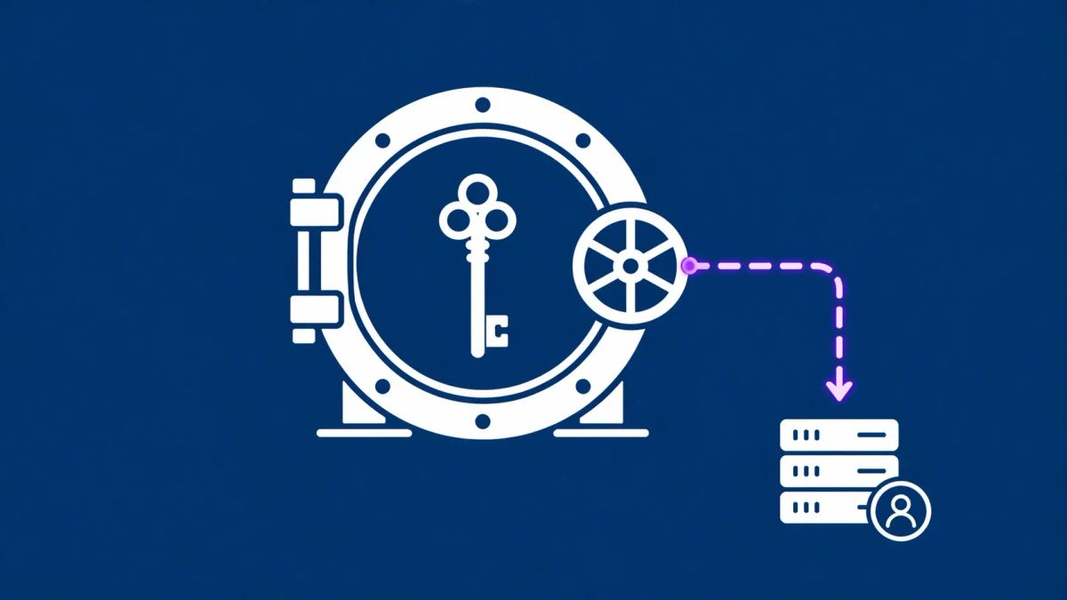 Minimalist flat vector illustration: a bank vault icon with a neon purple dashed line from a vendor server icon on a blue background.