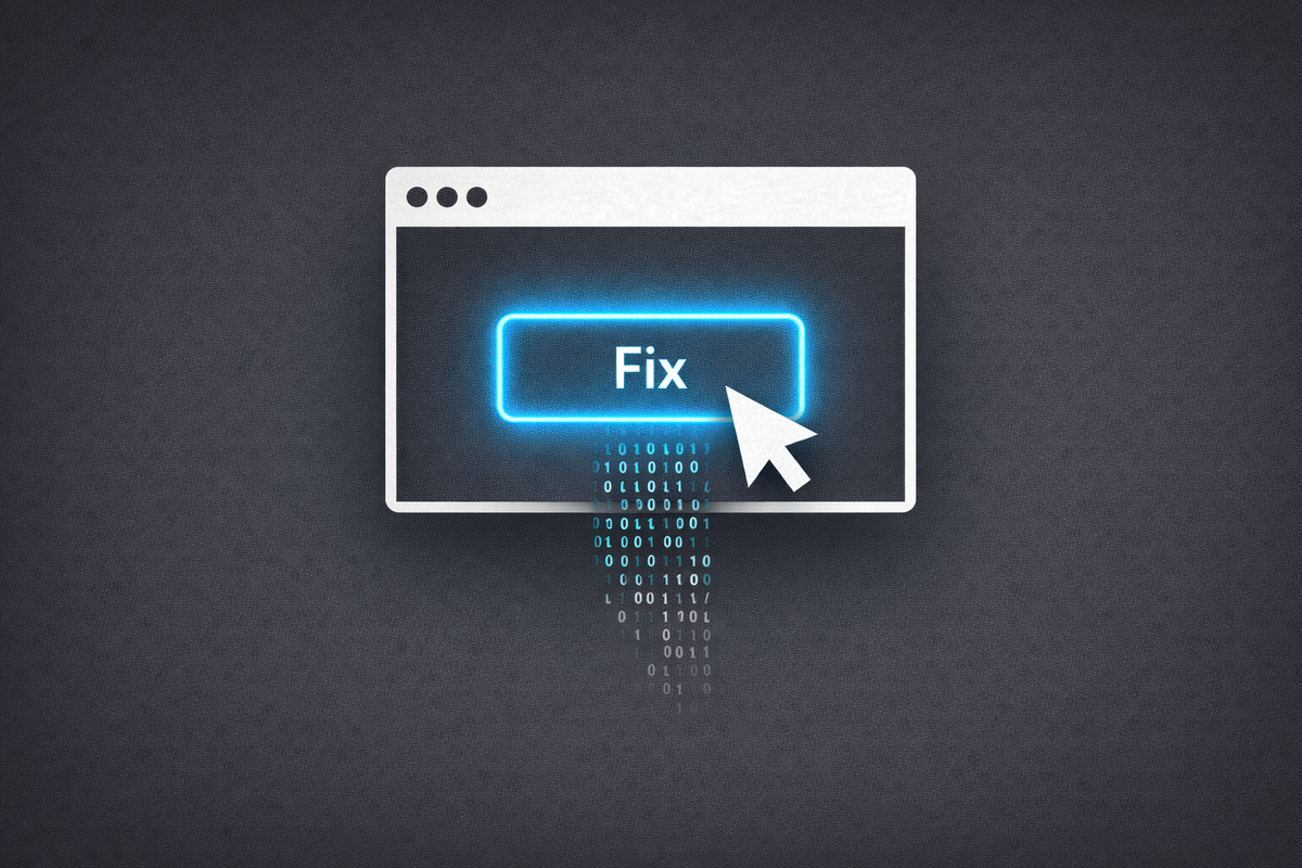 Flat vector art on a charcoal grey background. A browser window with a glowing blue 'Fix' button is being targeted by a cursor, with binary code leaking out.