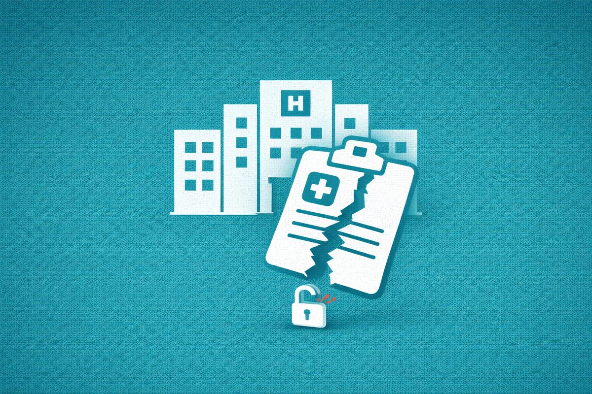Minimalist vector art of a torn medical chart over a hospital silhouette on a teal background, symbolizing the CRMC data breach.