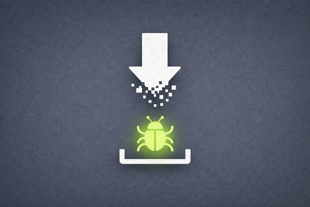 Flat vector art on a slate grey background. A white download arrow is shattered into pixels above a neon green malware icon.