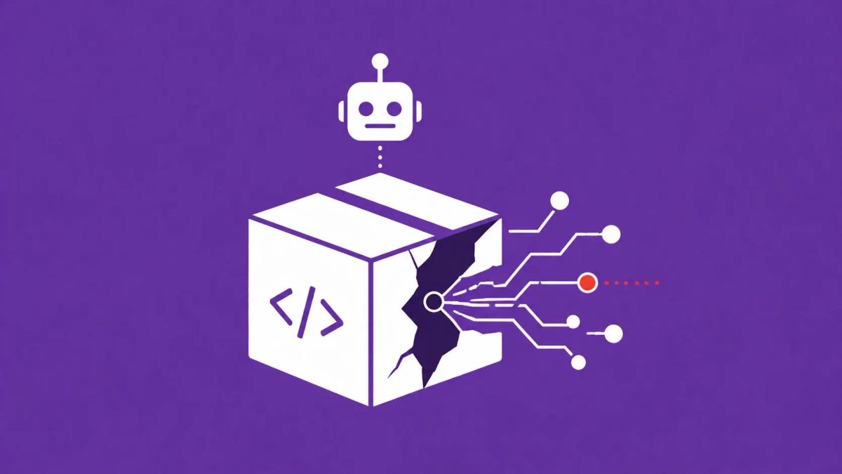 Compromised code package spreading through connected nodes with hidden malicious link, representing AI-driven npm supply chain attack targeting developers and crypto systems.