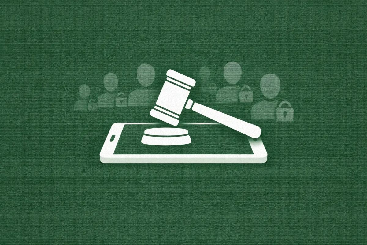 Minimalist vector art of a gavel and smartphone on a green background, representing the DraftKings hacking sentence.