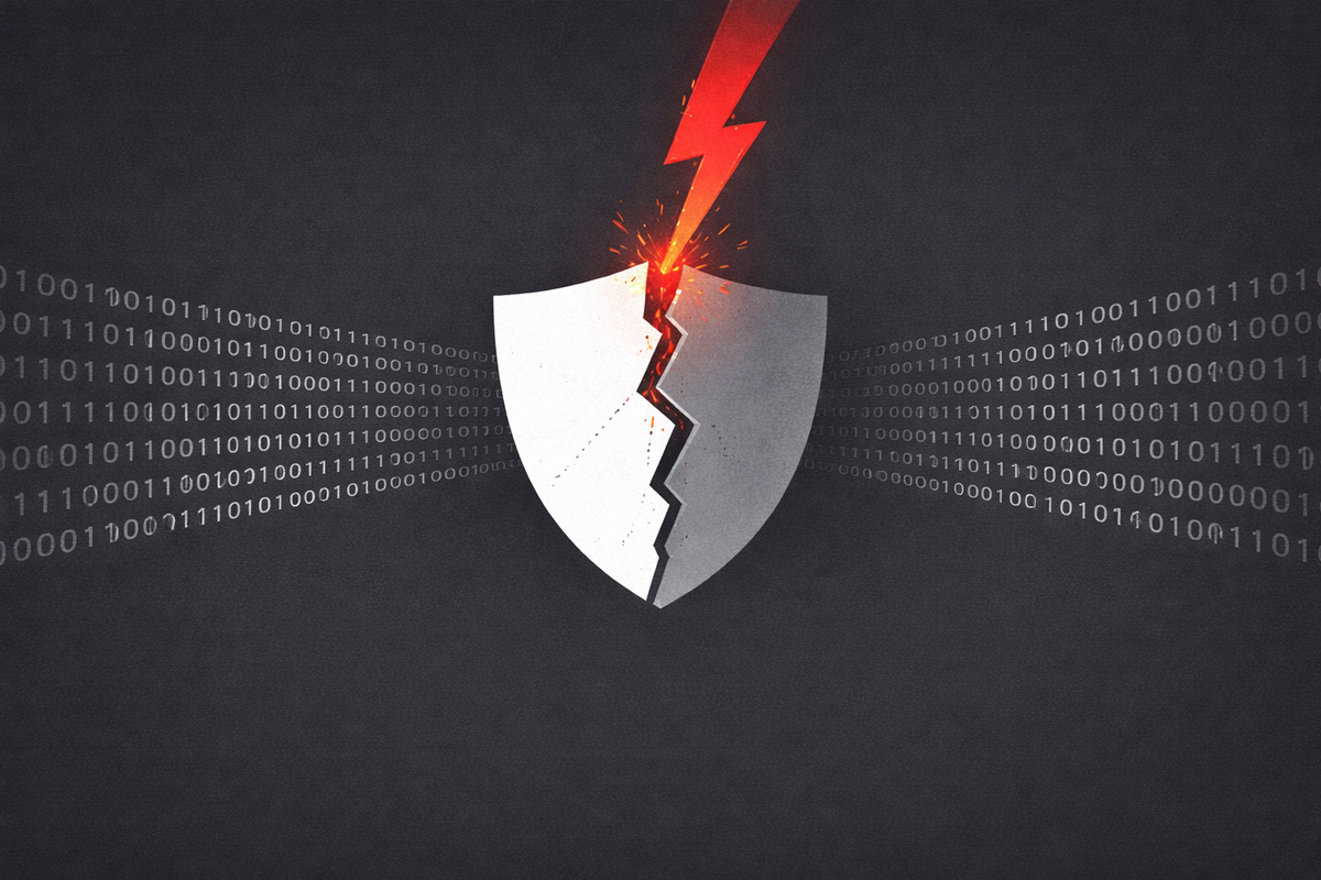 Minimalist vector art of a white security shield being deactivated by a red lightning bolt, representing the rise of EDR Killer malware.