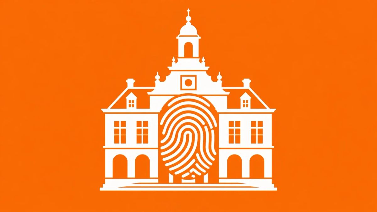 Minimalist white line art of a Dutch-style town hall silhouette with a white fingerprint icon overlaid on the center, on a solid orange background.