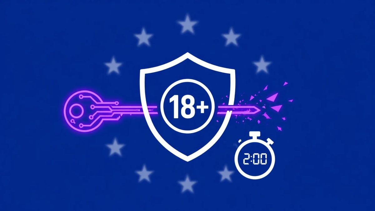 Minimalist flat vector illustration: a white shield with "18+" being pierced by a neon purple digital key on a blue background, next to a stopwatch.