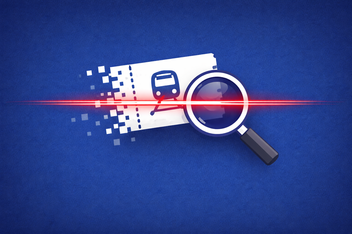 Flat vector illustration on a royal blue background. A white railway ticket icon is pixelating at the edges with a red scanning line passing through it.
