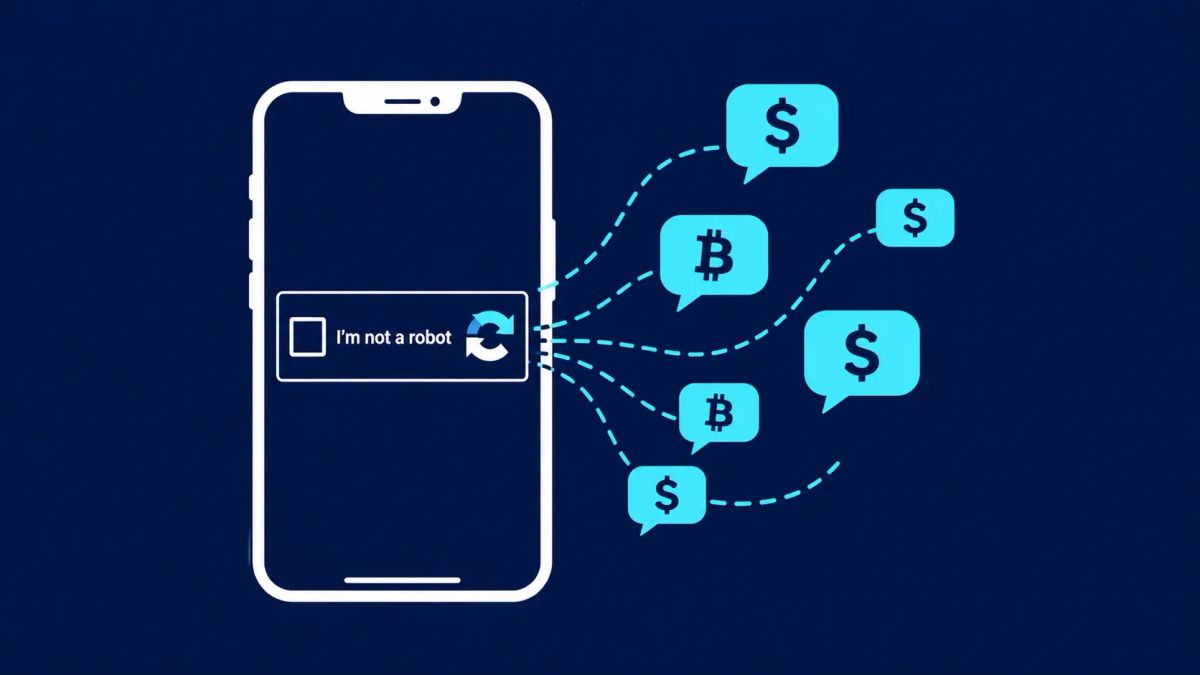 Minimalist vector illustration on Deep Indigo: A smartphone displaying a fake "I am not a robot" check with money icons leaking from the text bubbles.