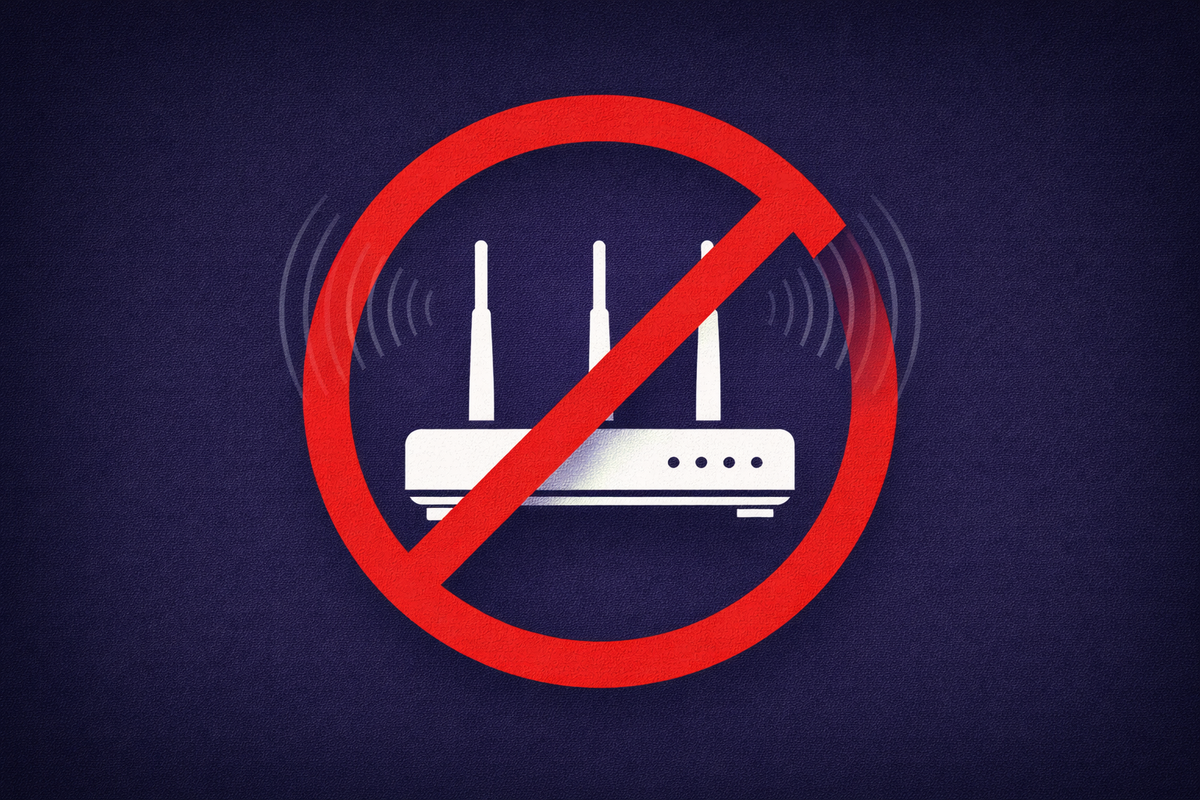 Flat vector illustration on a deep navy background. A white wireless router icon is centered behind a bold red prohibition symbol, with stylized signal waves being visually blocked.