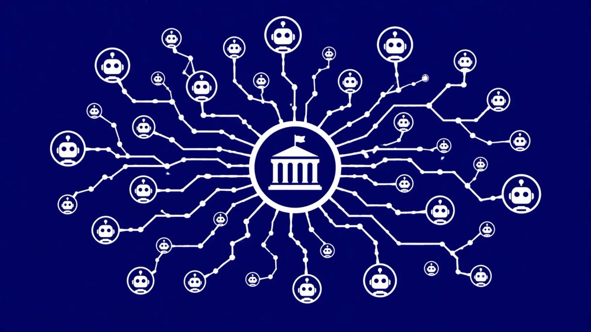 Minimalist white line art of a central circuit node expanding into dozens of smaller, chaotic autonomous nodes, overlaid on a solid Navy Blue background.