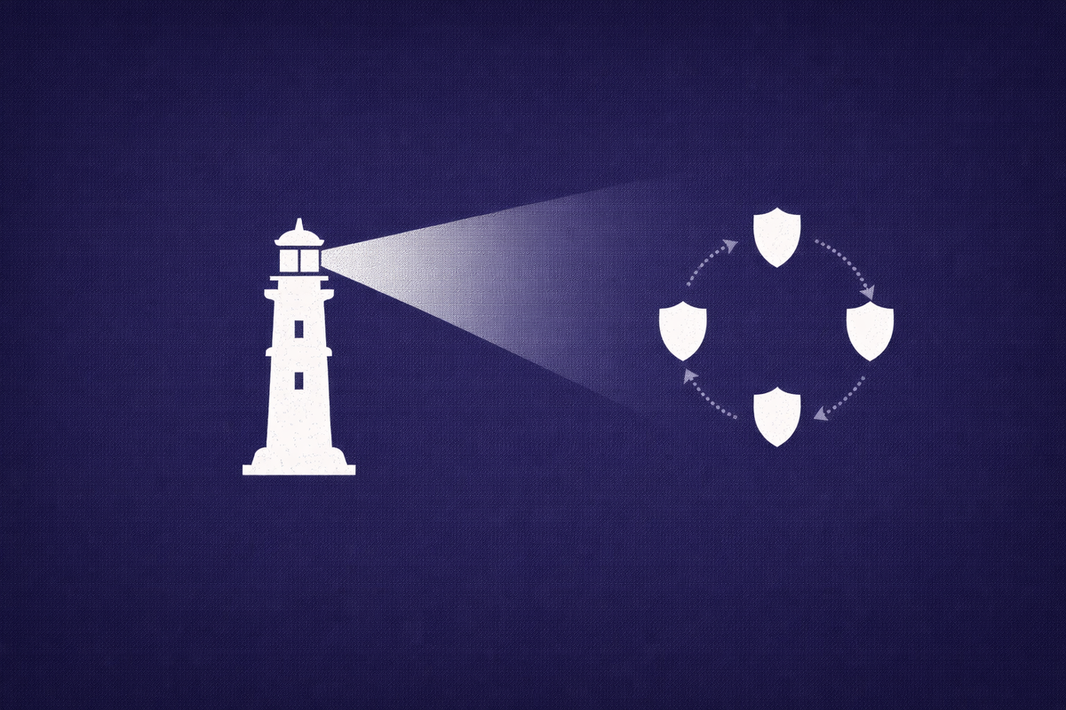 Minimalist vector art of a lighthouse shining light over a network of connected shields, representing the FINRA FIFC.