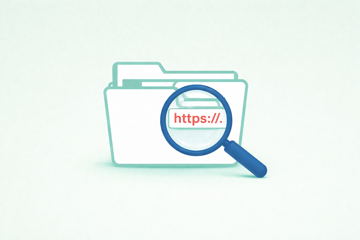 Minimalist vector art of a folder and magnifying glass over a public URL, representing the alleged Fiverr data exposure.