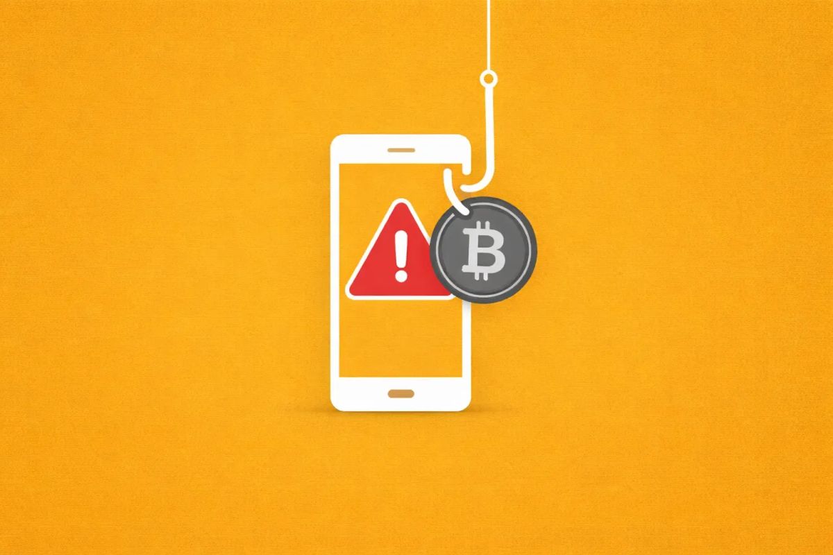 Minimalist vector art of a phone hooked into a Bitcoin logo on an amber background, representing the G. Love crypto scam.