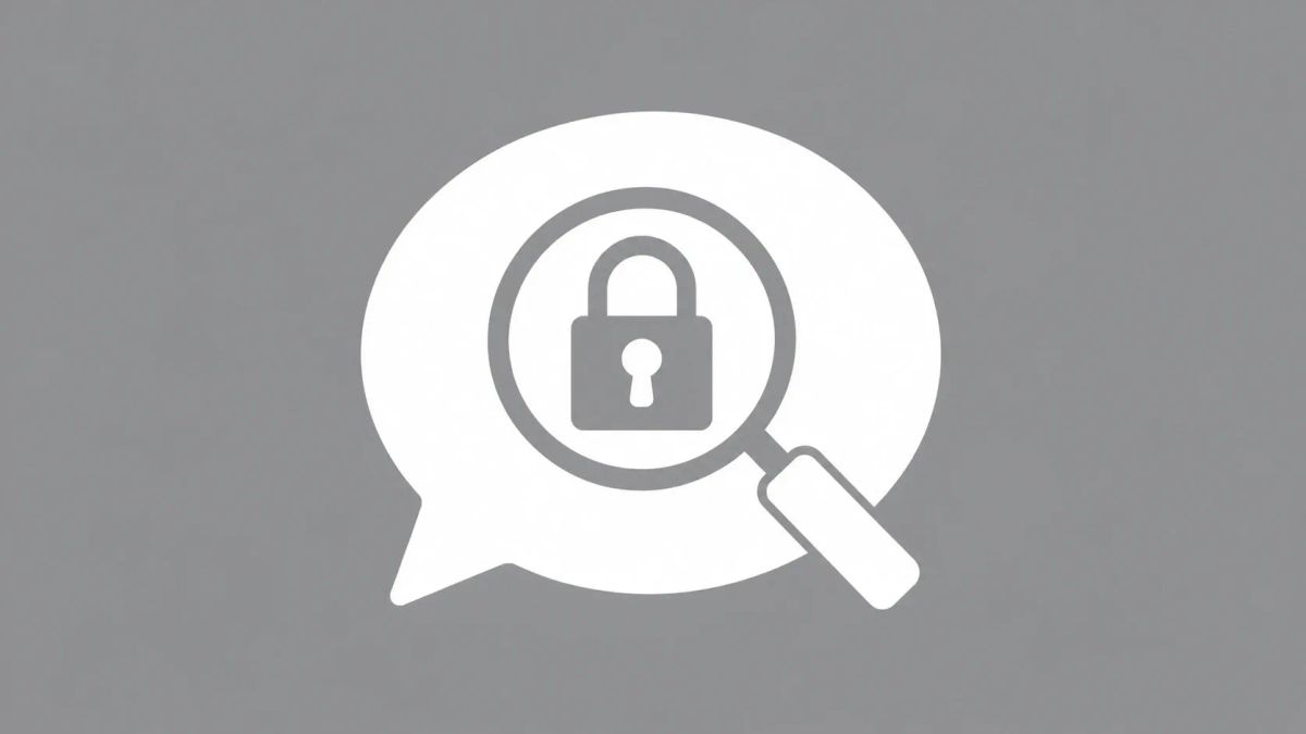 Minimalist white line art on a gray background showing a speech bubble containing a padlock and a stylized magnifying glass, symbolizing the espionage probe into secure messaging.