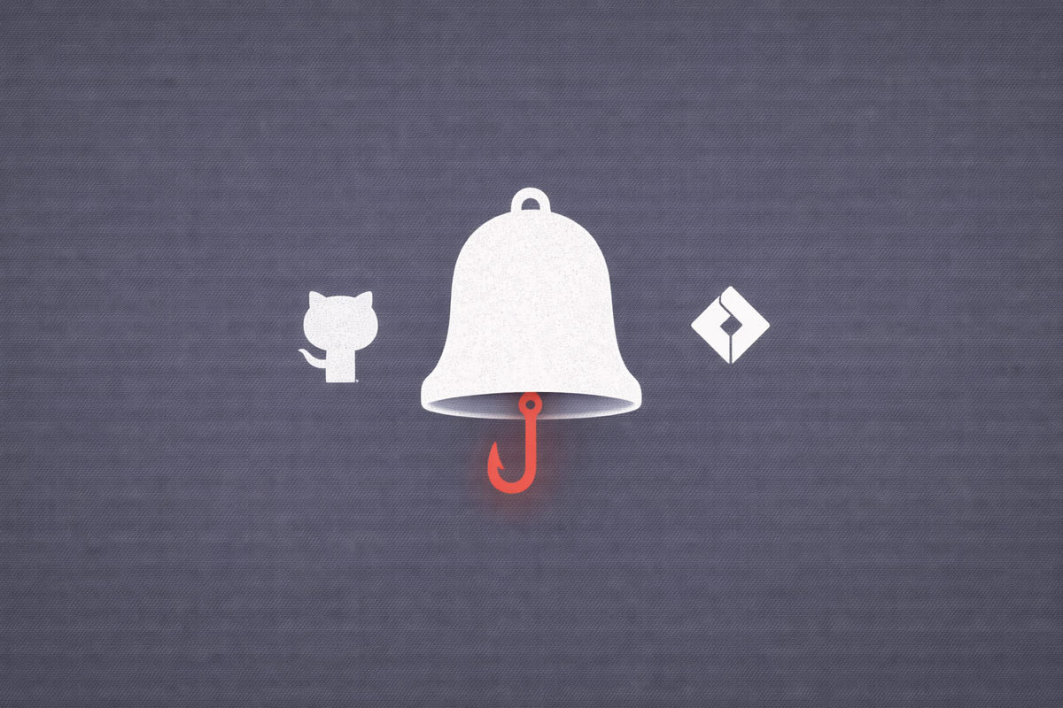 Minimalist vector art of a notification bell with a red fishhook clapper, representing the abuse of SaaS notifications for phishing.