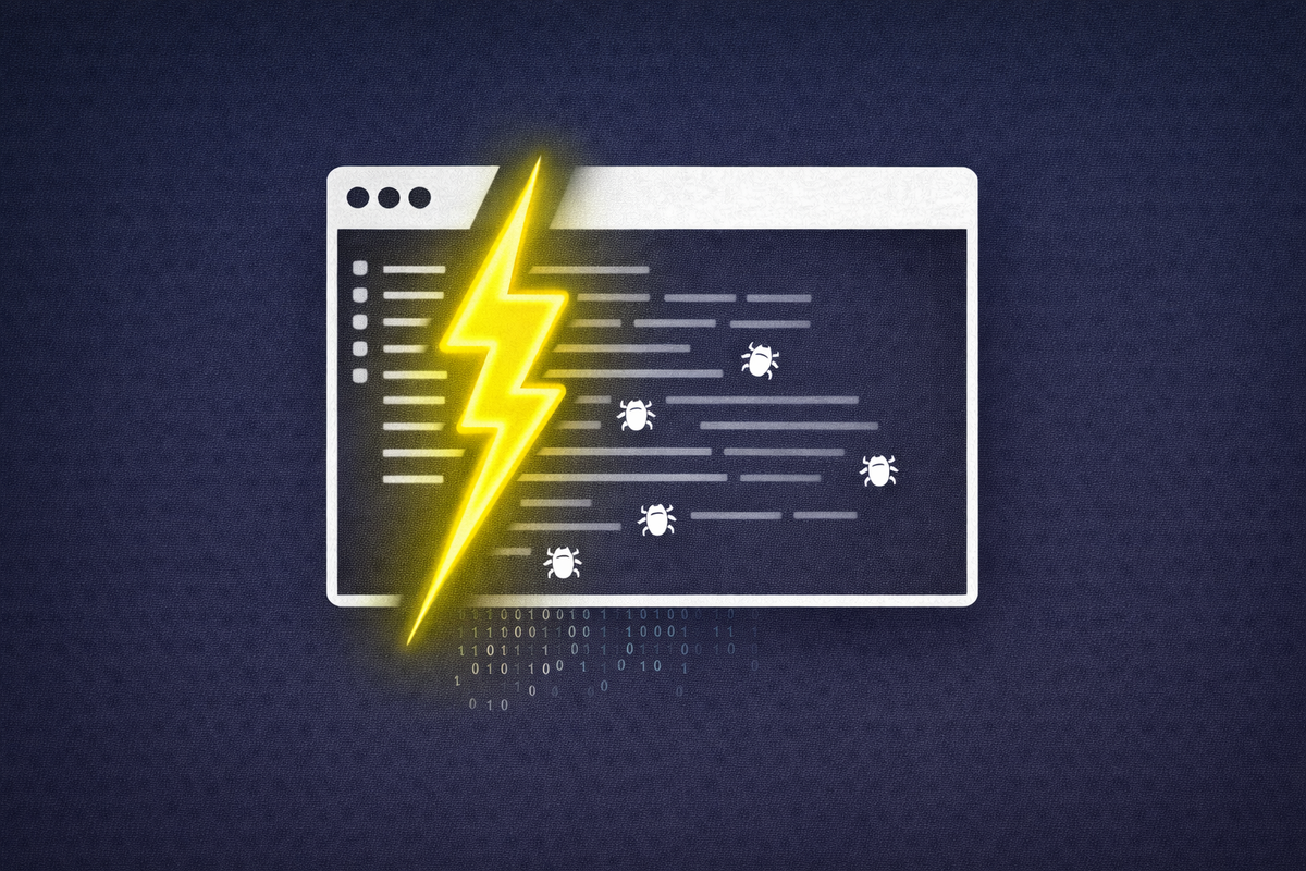 Flat vector art on a midnight blue background. An IDE code editor icon is pierced by a neon yellow lightning bolt representing ZigDropper.
