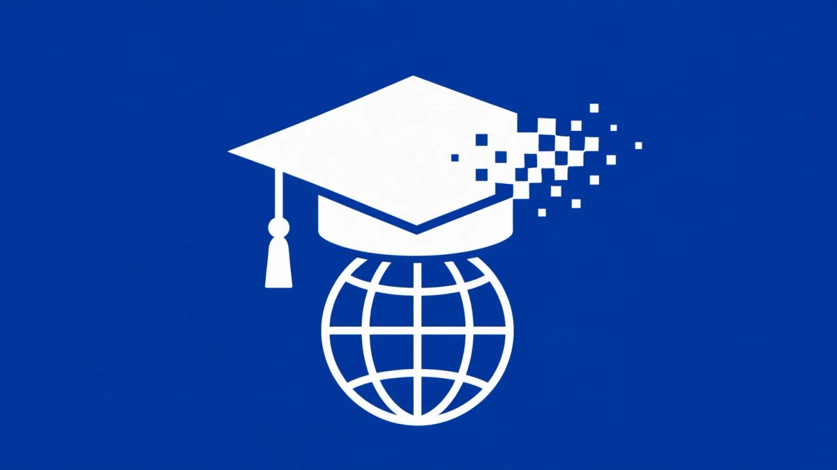 Minimalist white line art of a graduation cap with a digital "glitch" effect, positioned above a globe, on a solid cobalt blue background.
