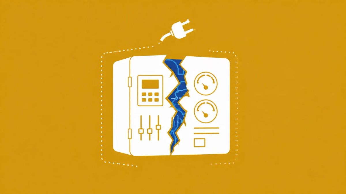 Cracked industrial control system panel with fading outline and exposed data lines, representing GrassMarlin vulnerability in end-of-life OT tool with no available patch