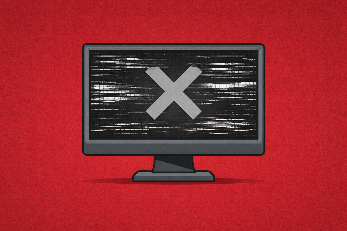 A gray computer monitor with a jagged static X on the crimson background, symbolizing the urgent HUIT security alert and phishing raid targeting Harvard University.