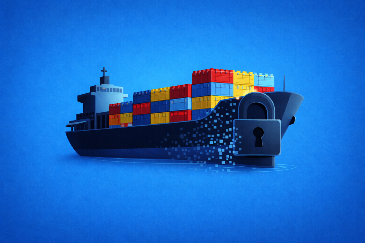 A cargo ship carrying toy-like blocks with a large digital padlock clamped to the side, symbolizing the cyberattack-driven shipping delays at Hasbro.
