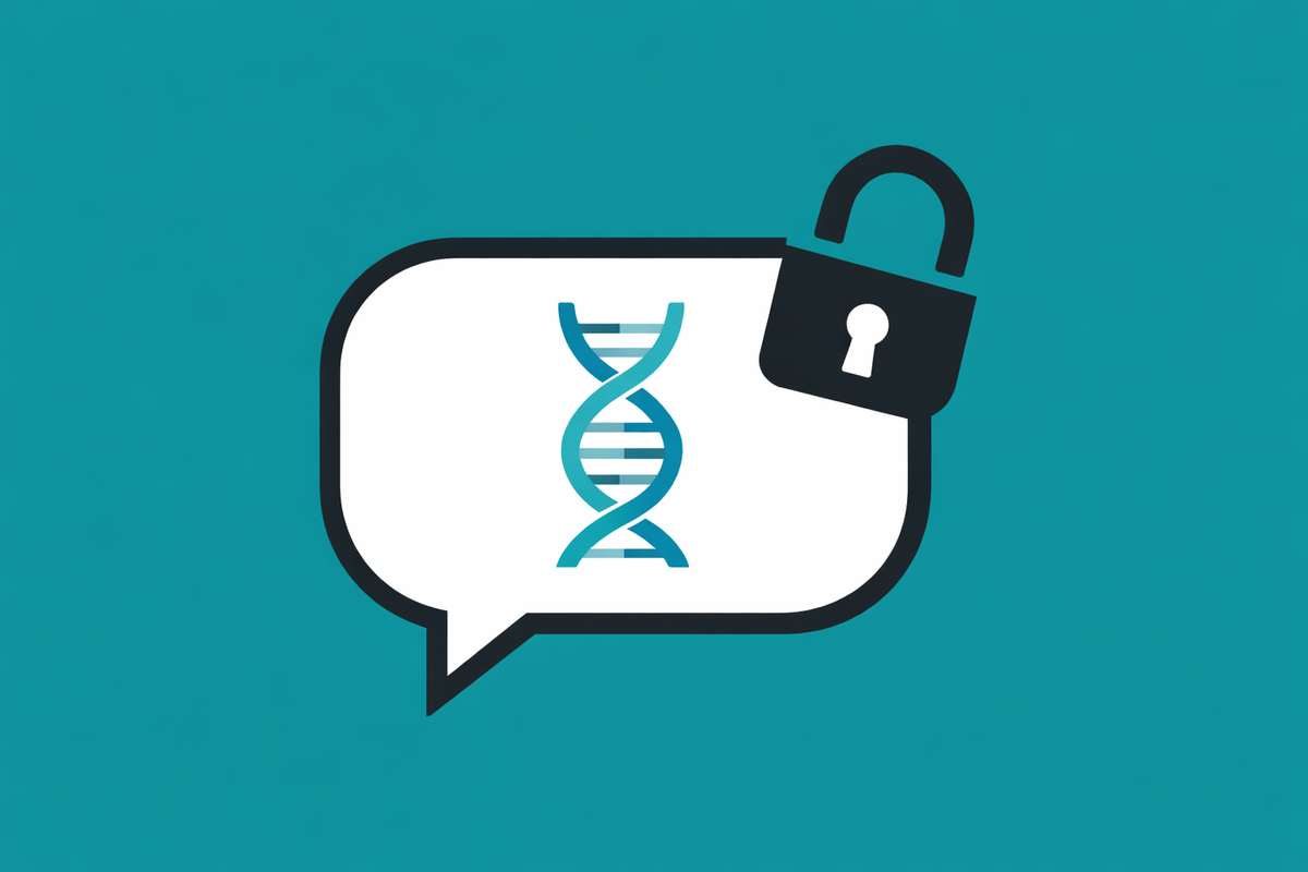 Editorial illustration of a chat bubble with an open padlock and a DNA strand inside, representing the exposure of personal health-related support data in the Hims & Hers cyberattack.
