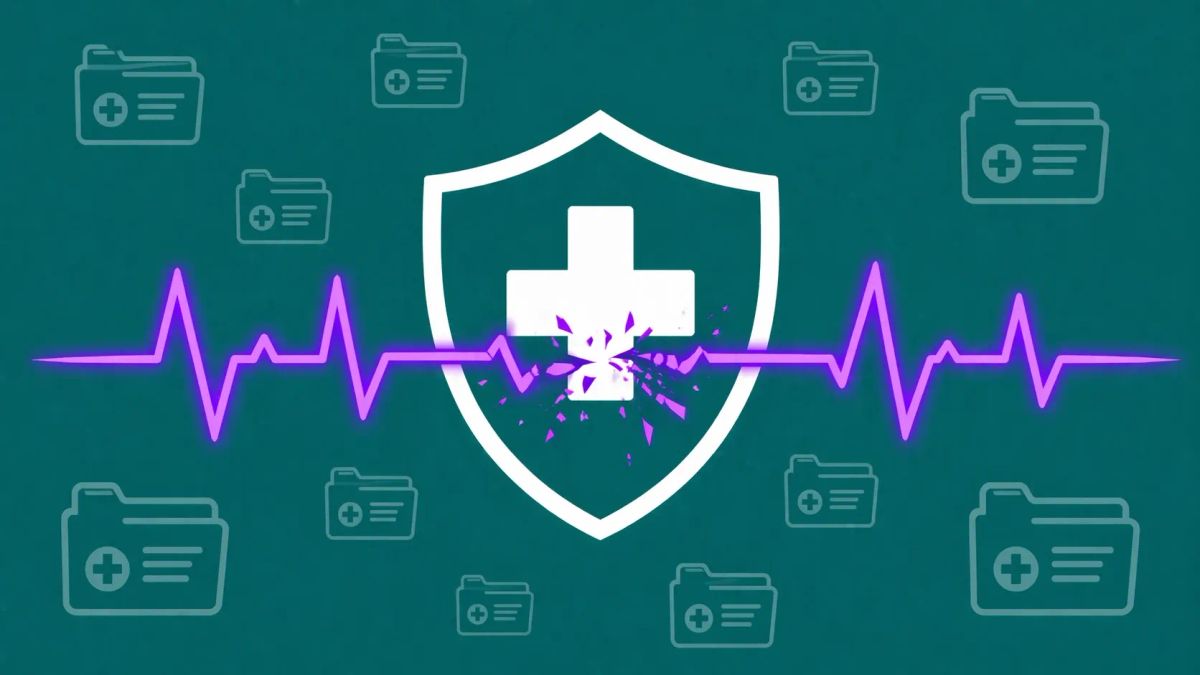 Minimalist flat vector illustration: a white medical shield icon with a neon purple EKG line that shatters in the center on a teal background.
