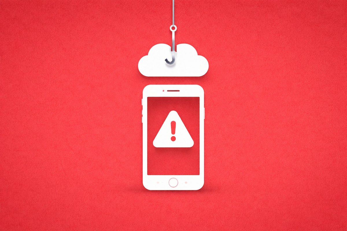 Minimalist vector art of an iPhone with a warning and a cloud on a hook, symbolizing the iCloud phishing scam.