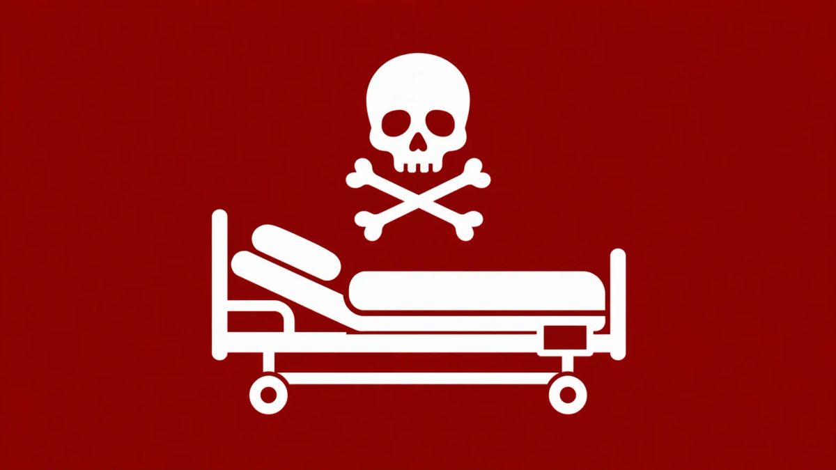 Minimalist white line art of a hospital bed silhouette with a white skull and crossbones icon floating above it, on a solid blood red background.