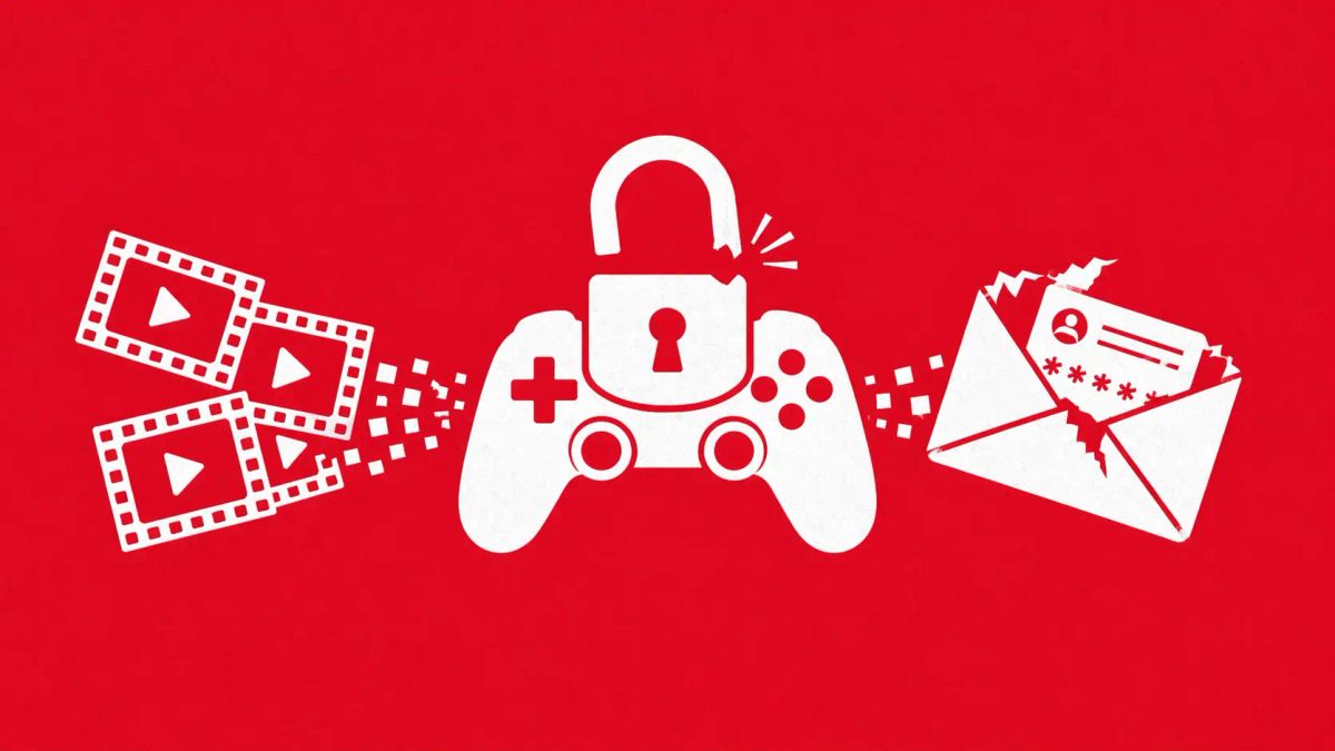 Minimalist vector art of a game controller and open padlock on a crimson background, representing the IGRS data breach.