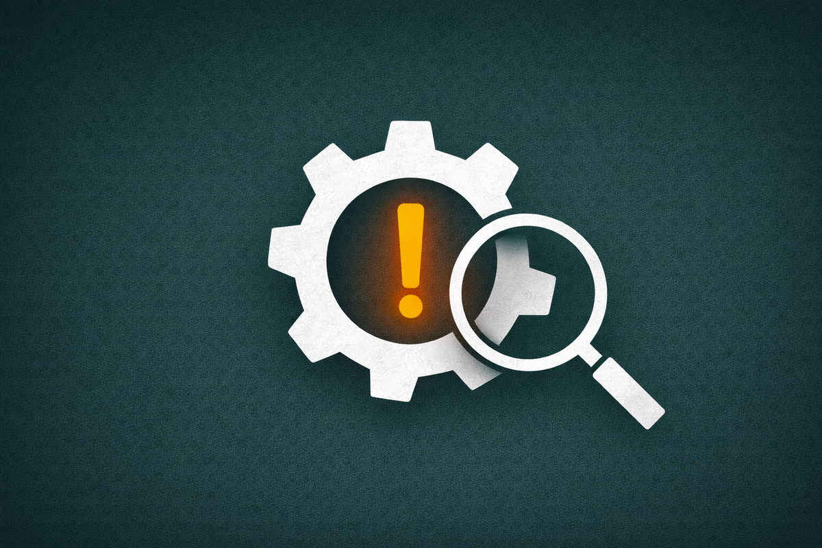 Flat vector art on a deep green background. A white gear icon with an orange exclamation point inside is targeted by a white magnifying glass icon.