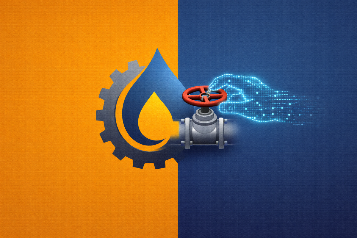 Editorial illustration of a digital hand seizing a industrial gear and water drop, representing Iranian-linked cyberattacks against United States water and energy critical infrastructure.