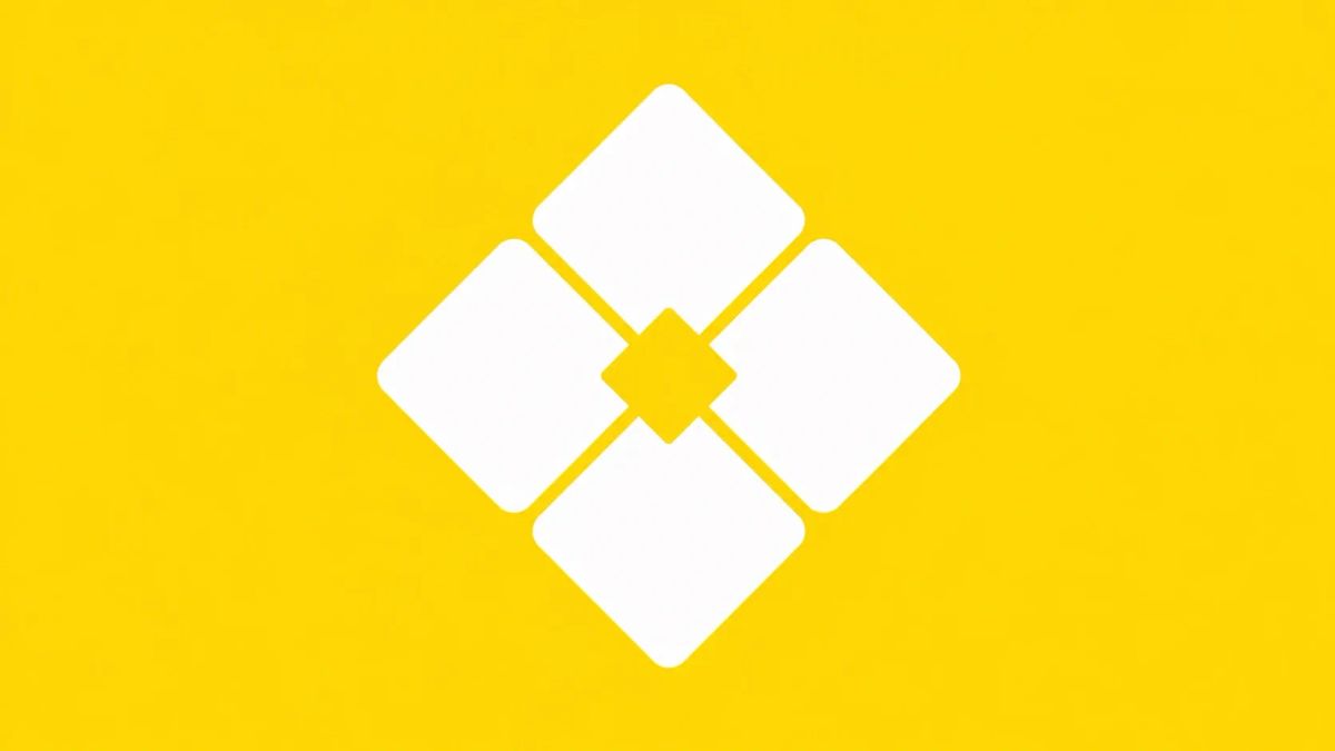 Minimalist white line art on a golden yellow background showing an interlocking four-part grid forming a diamond in the center, representing utility infrastructure components.
