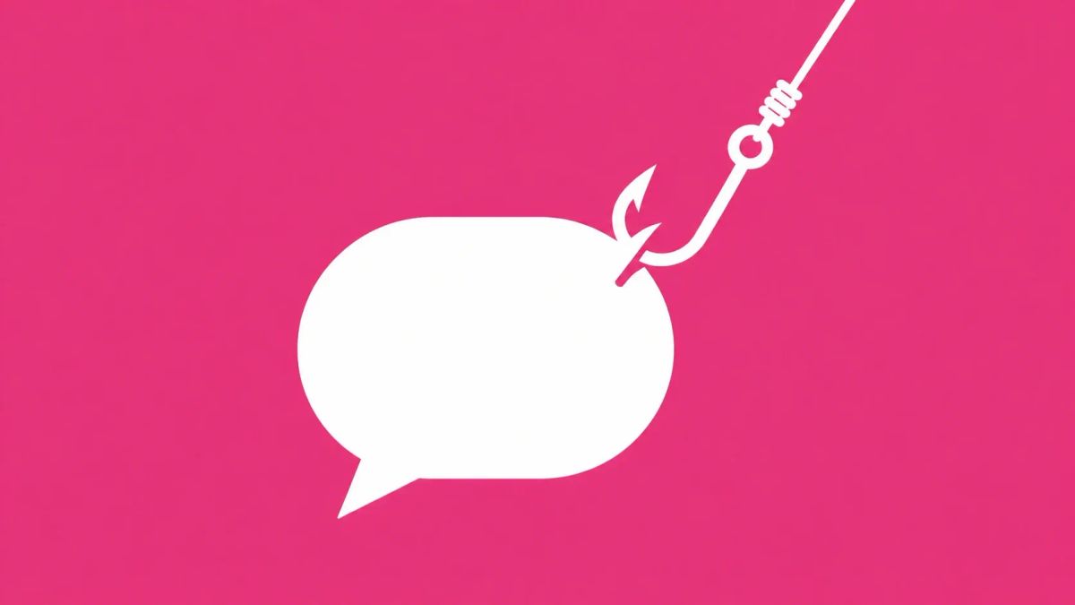 Minimalist white line art of a speech bubble silhouette with a digital fishing hook snagged on the corner, overlaid on a solid Pink background.
