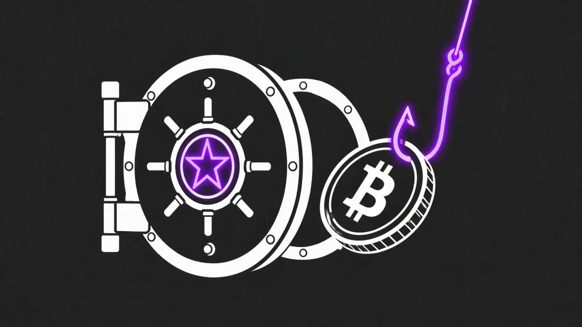 Minimalist flat vector illustration: white vault door with a purple neon North Korean star, and a crypto token being pulled out by a purple neon hook on a charcoal grey background.