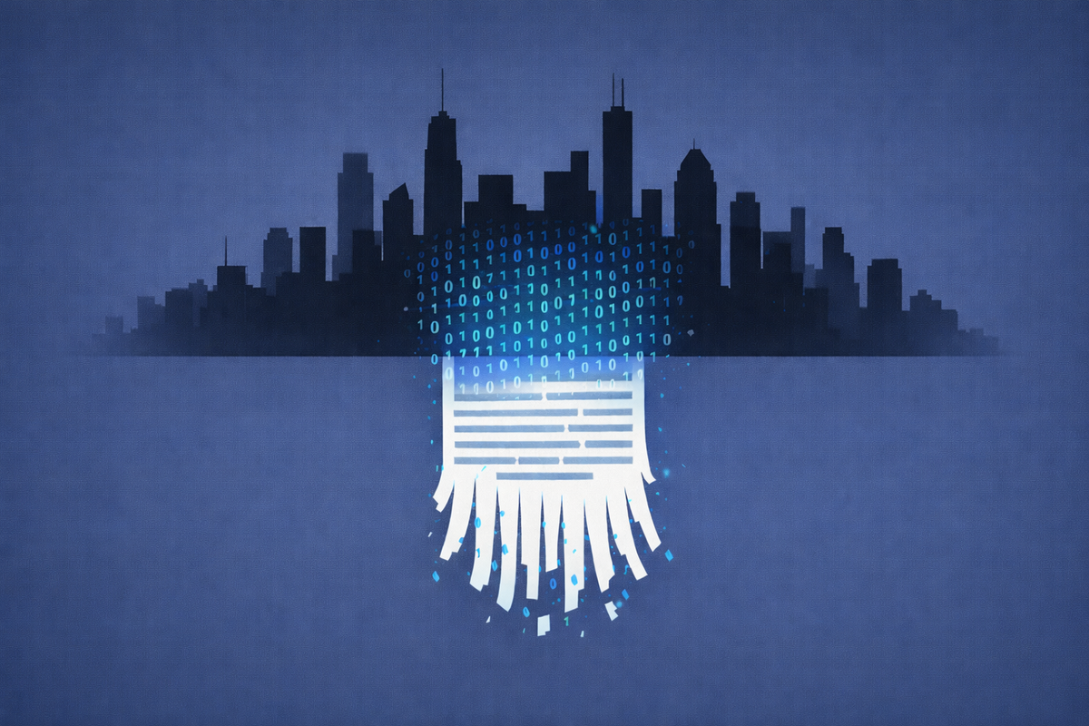 A digital illustration featuring a dark city skyline silhouette where a waterfall of binary code transforms into a shredded document, symbolizing the LAPD data leak.