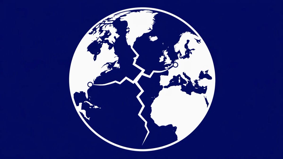Minimalist white line art of a globe with a "cracked" texture through the Atlantic, overlaid on a solid Navy Blue background.