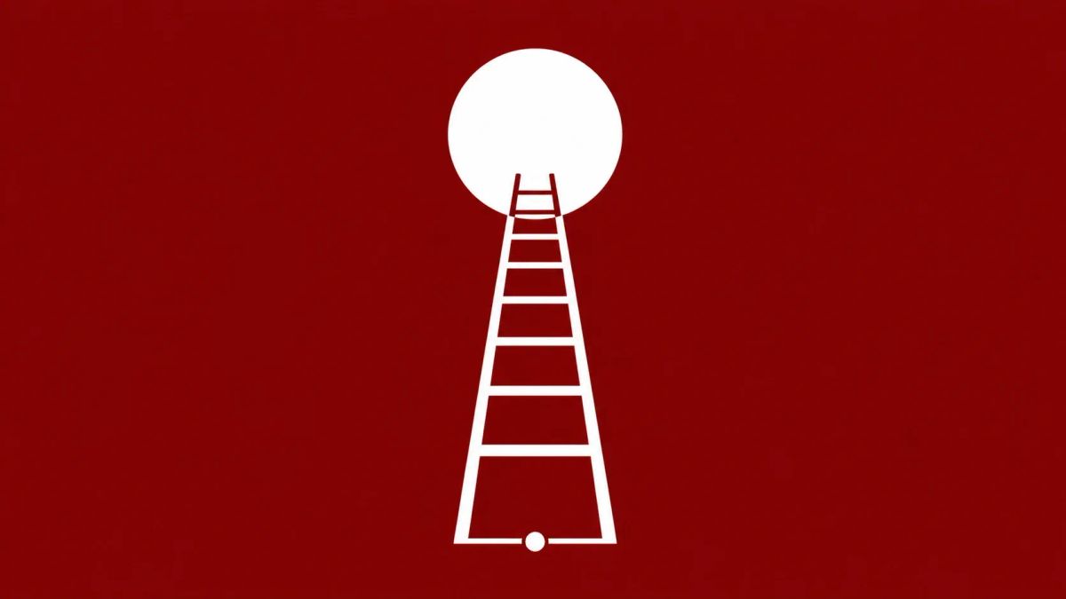 Minimalist white art on crimson showing a ladder with a dot at the base ascending into a solid circle, representing local privilege escalation from user to root.